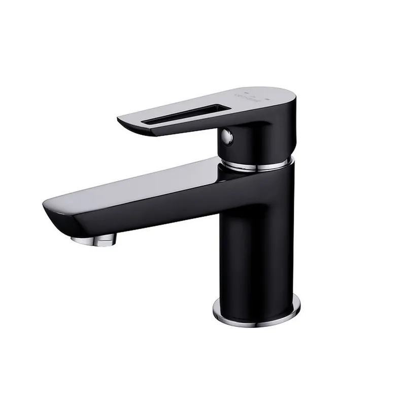 Baterie lavoar din alama sanitara, negru crom lucios, pipa fixa 10,6 cm, ventil inclus, Cersanit Mille