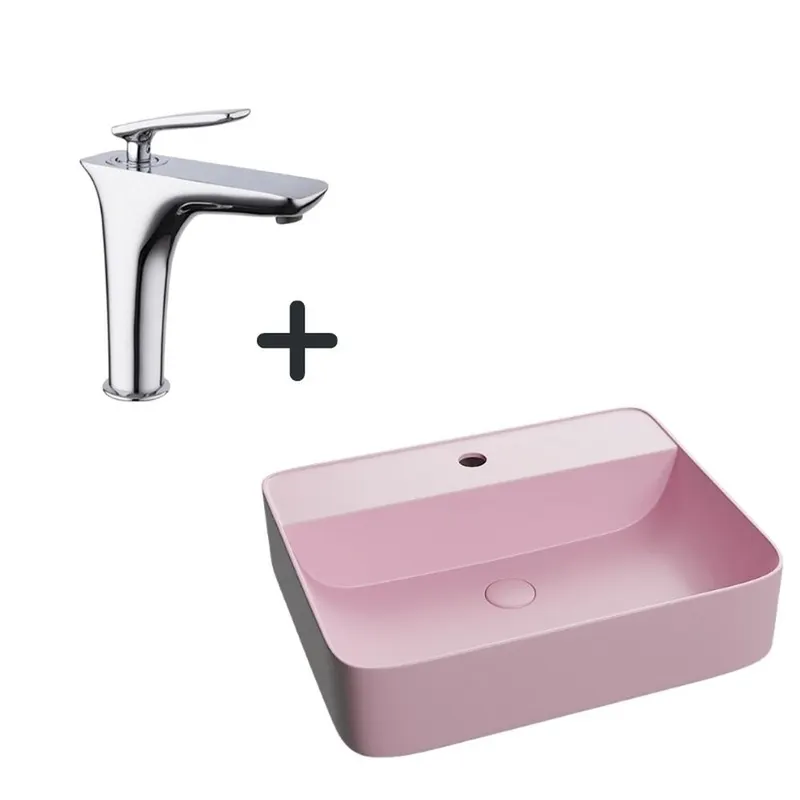 Set lavoar baie dreptunghiular roz mat plus baterie crom Infinity