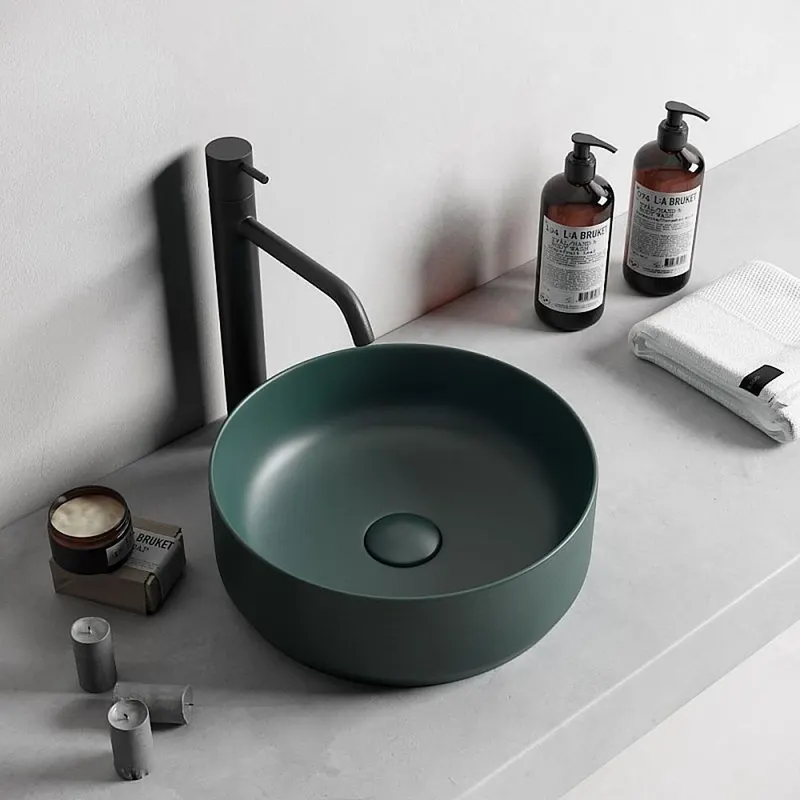 Lavoar baie pe blat, verde inchis mat, rotund, linii 3D Line