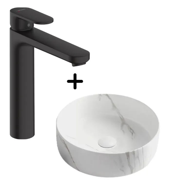 Set lavoar baie rotund alb, plus baterie neagra Hansgrohe Vernis Blend