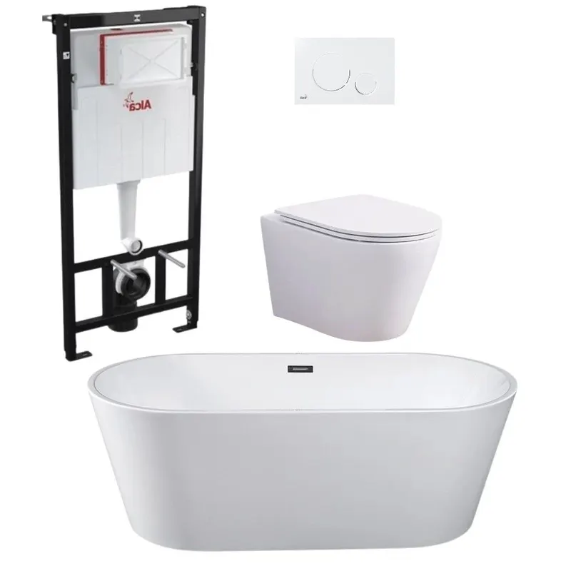 Set cada freestanding ovala, vas wc rimless cu capac soft close, rezervor incastrat si clapeta alb lucios