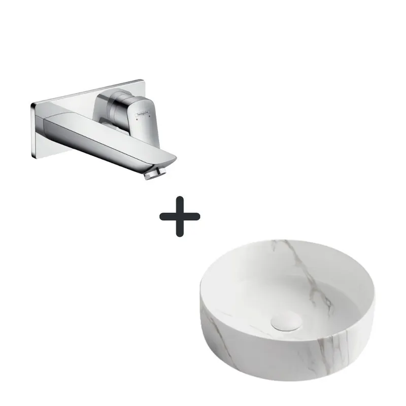 Set lavoar baie rotund efect marmura plus baterie incastrata crom Hansgrohe Logis
