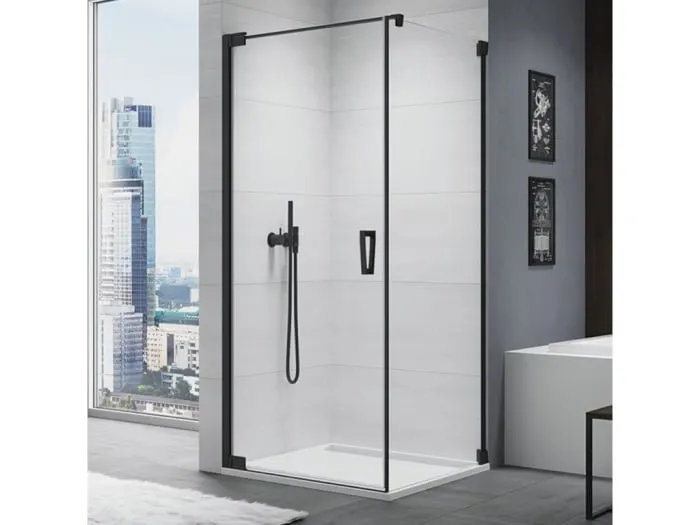 Cabina de dus 70x90 cm cu usa batanta si profil compensator, negru mat, instalare usa stanga, Ronal Cadura