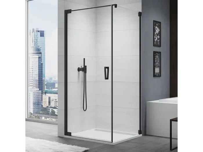 Cabina de dus 80x70 cm cu usa batanta si profil compensator, negru mat, instalare usa stanga, Ronal Cadura