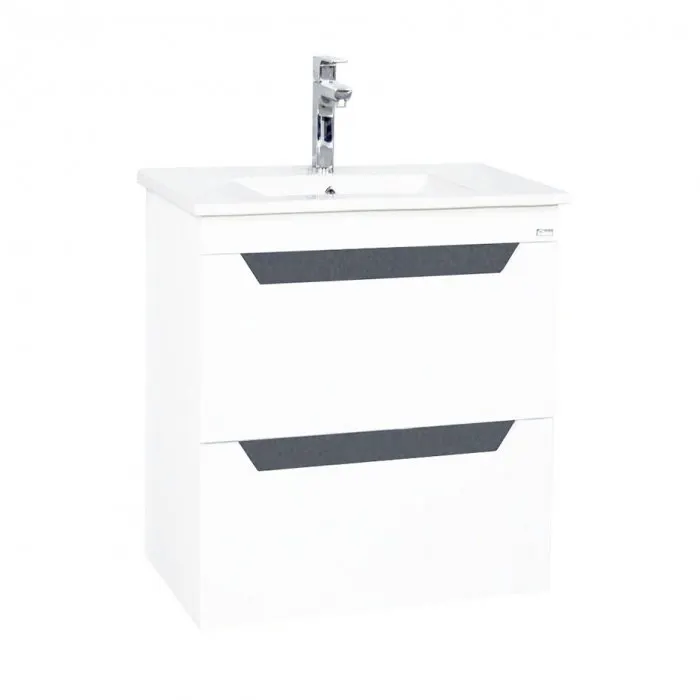 Set Baza cu front MDF si Lavoar, seria 056, 60 cm, suspendata cu sertare, alb + antracit