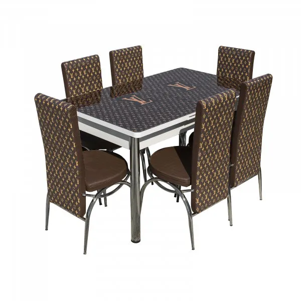 Set Lara, masa extensibila cu 6 scaune print, maro, 130 165x80x79 cm