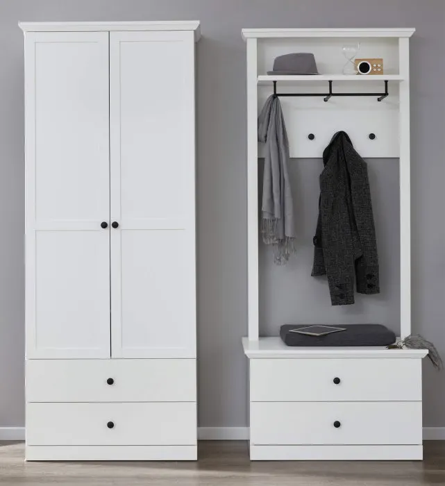 Set hol BRANDSON, 3 piese, dulap 2 usi, comoda, cuier, alb, 162x41x199 cm
