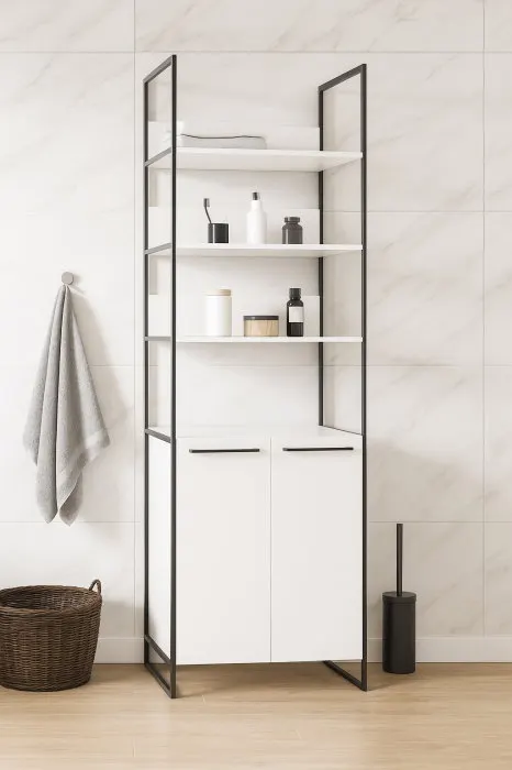 Dulap baie seria 740, cadru metalic, front MDF, 2 usi, alb, 67x37x190 cm