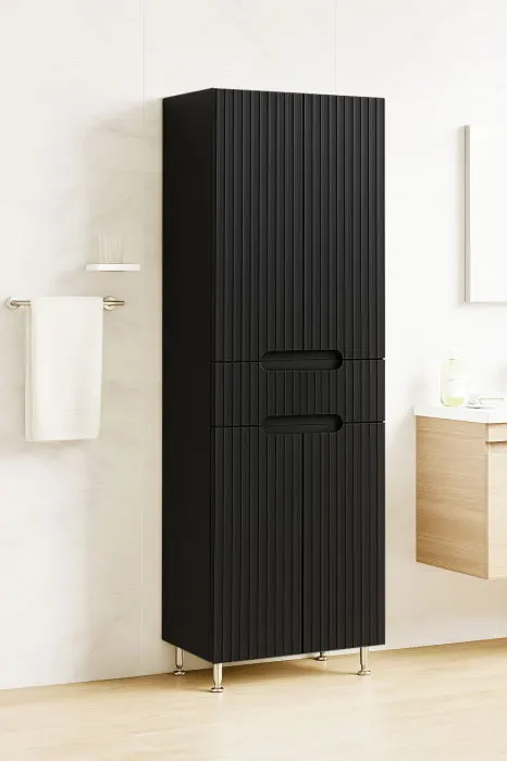 Dulap baie seria 033, front MDF, 4 usi, 1 sertar, negru, 60x31.6x166 cm