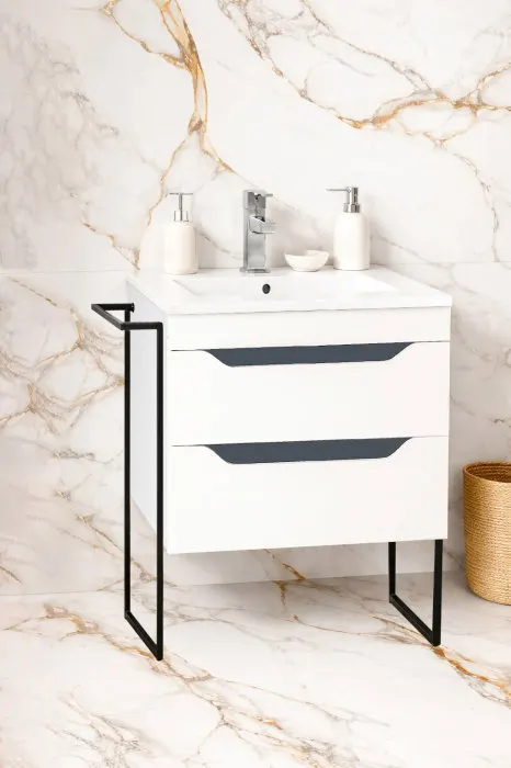 Set Baza front MDF si Lavoar seria 056, cu sertare, cadru metalic, 60 cm, alb + antracit