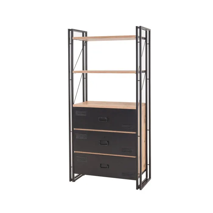 Biblioteca COSMO CORTEX, 3 sertare, pin atlantic + negru, 90x35x180 cm