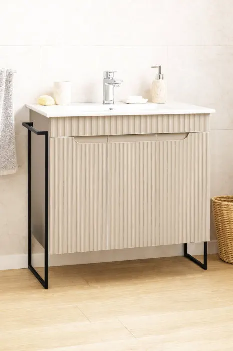 Set Baza front MDF si Lavoar seria 033, cadru metalic, montata, 80 cm, crem