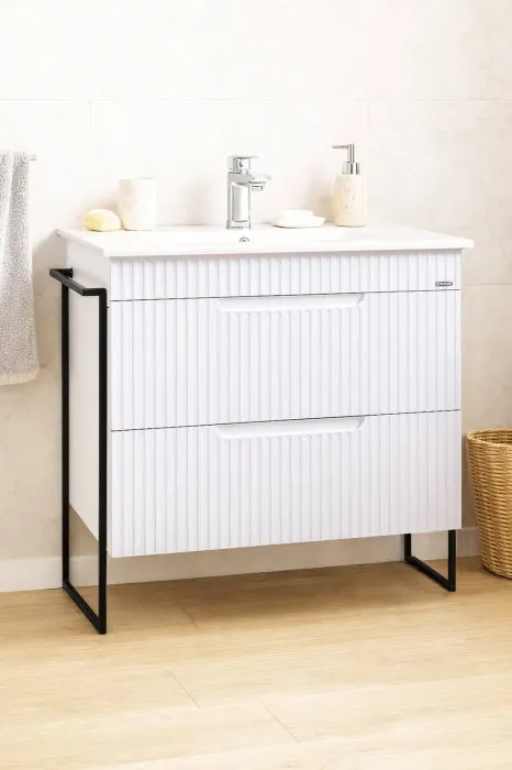 Set Baza front MDF si Lavoar seria 033, cadru metalic, sertare, montata, 80 cm, alb rustic
