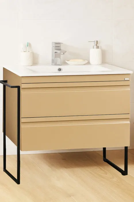 Set Baza front MDF si Lavoar seria 086, cadru metalic, cu sertare, montata, 80 cm, cappuccino