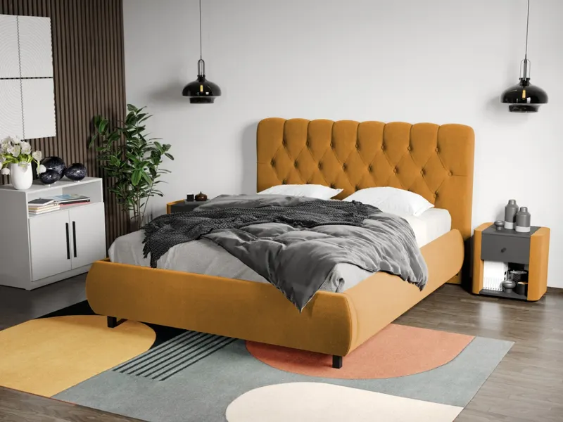 Pat Tapitat Catifea Mega cu somiera fixa Galben mustar Velluto 8 140x200