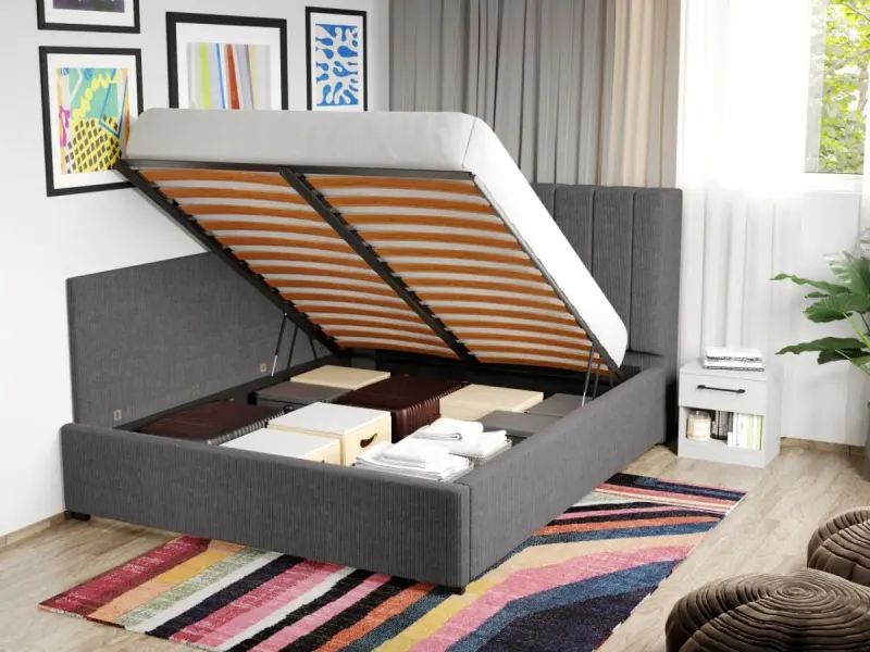 Pat Tapitat de colt Adam cu somiera rabatabila si lada de depozitare Gri - Poso 22 140x200