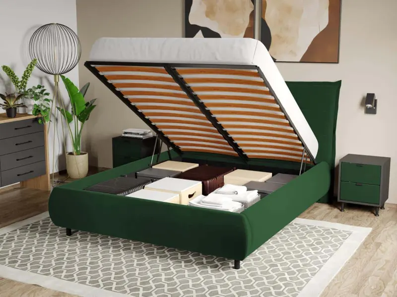 Pat Tapitat Axel cu somiera rabatabila si lada de depozitare Verde inchis Velluto 27 180x200
