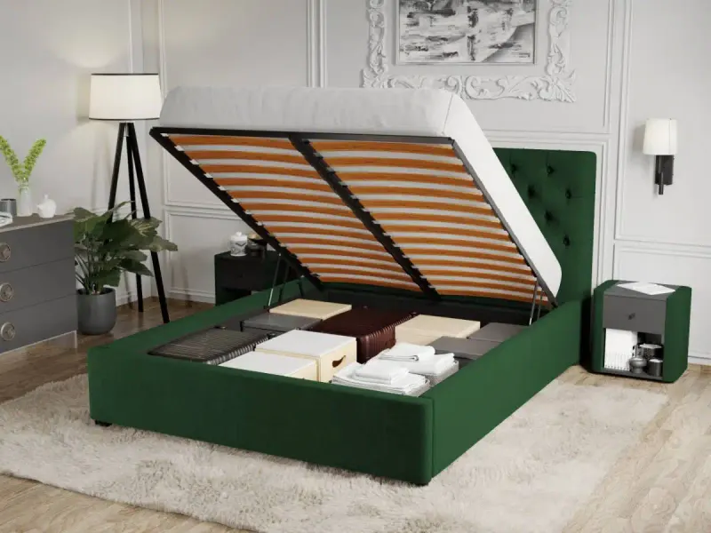 Pat Tapitat Catifea Riviera cu somiera rabatabila si lada de depozitare Verde inchis Velluto 27 140x200