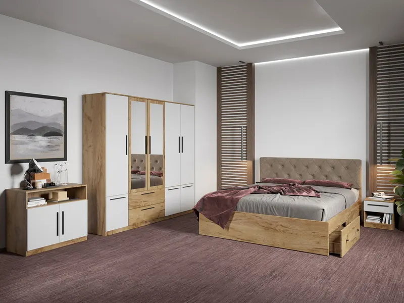 Set dormitor complet Stejar Auriu cu comoda - Madrid - C84