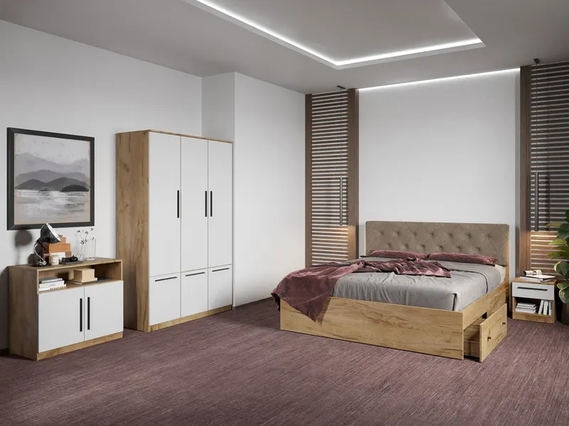 Set dormitor complet Stejar Auriu cu comoda - Madrid - C66