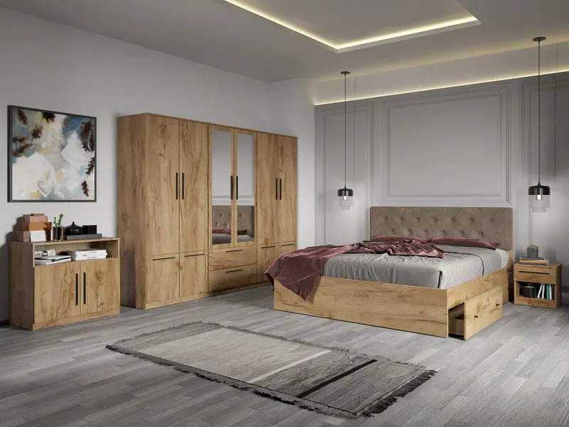 Set dormitor complet Stejar Auriu cu comoda - Madrid - C28