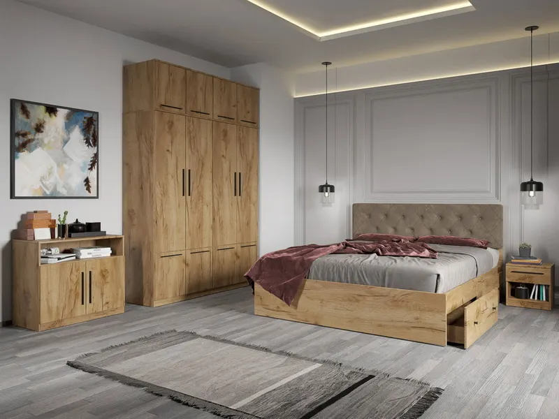 Set dormitor complet Stejar Auriu cu comoda - Madrid - C14