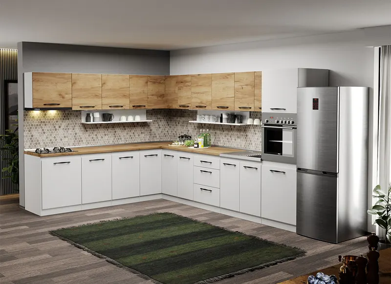 Mobila Bucatarie pe colt alba cu lemn Aroma - 46 - 260x340 cm