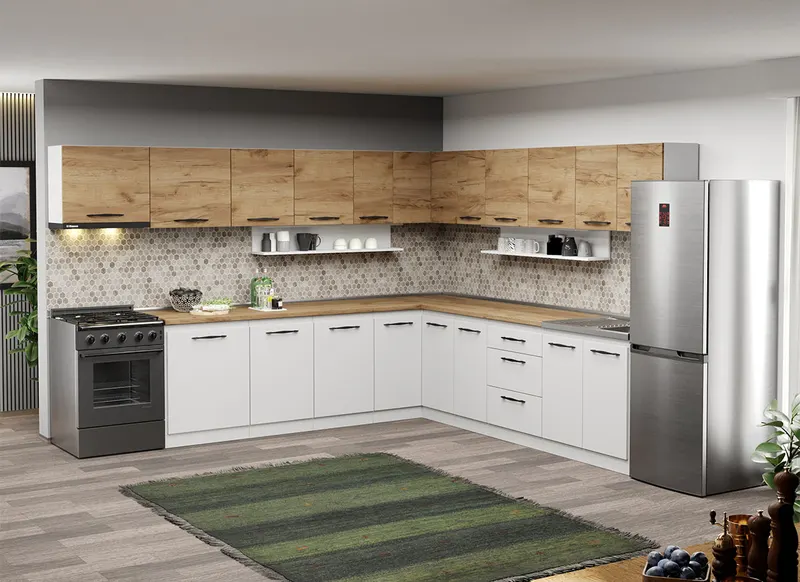 Mobila Bucatarie pe colt alba cu lemn Aroma - 45- 320x280 cm