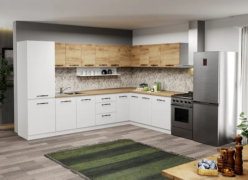 Mobila Bucatarie pe colt alba cu lemn Aroma - 38 - 320x200 cm
