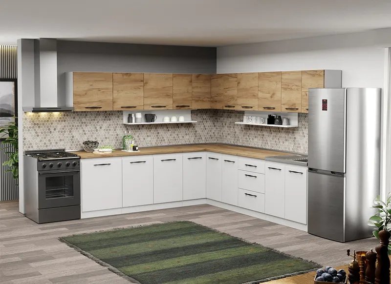 Mobila Bucatarie pe colt alba cu lemn Aroma - 44 - 260x280 cm