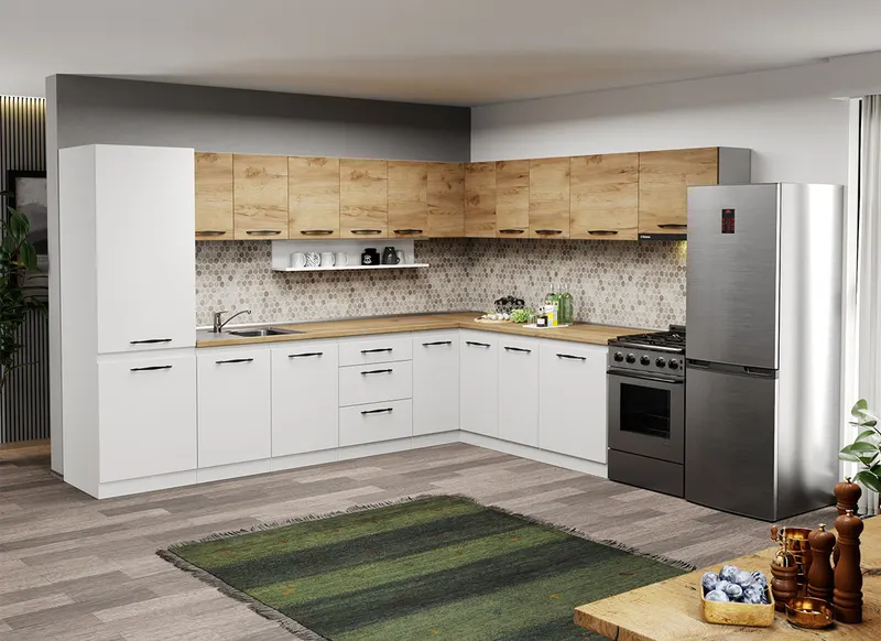 Mobila Bucatarie pe colt alba cu lemn Aroma - 39 - 320x260 cm