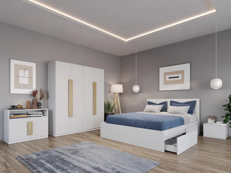 Set dormitor Alb cu pat din pal - Aeris - C01