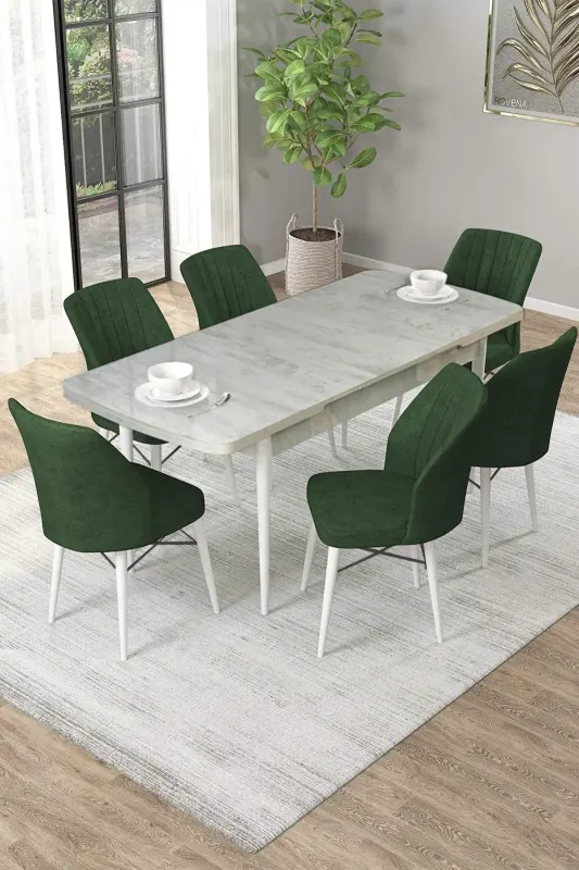 Set masa extensibila cu 6 scaune tapitate cargold 250-30050 ALB-VERDE,170 x 80 cm