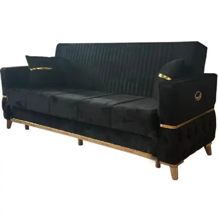 Canapea extensibila cu lada de depozitare 220x90x97 cm – stofa neagra, detalii aurii – Vegas