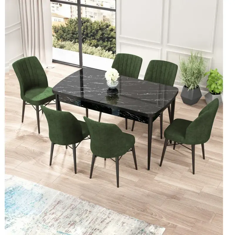 Set masa extensibila cu 6 scaune tapitate cargold 250-30050 negru-VERDE,170 x 80 cm
