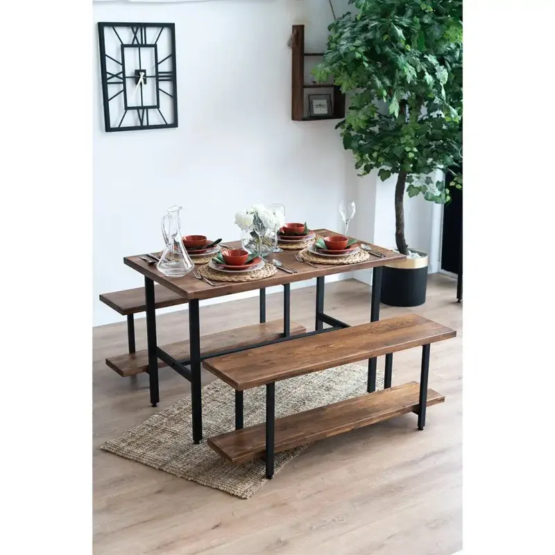 Masa+2 bancheta metal,lemn, , 120 x 70 x 75 cm,seria A620, 30322