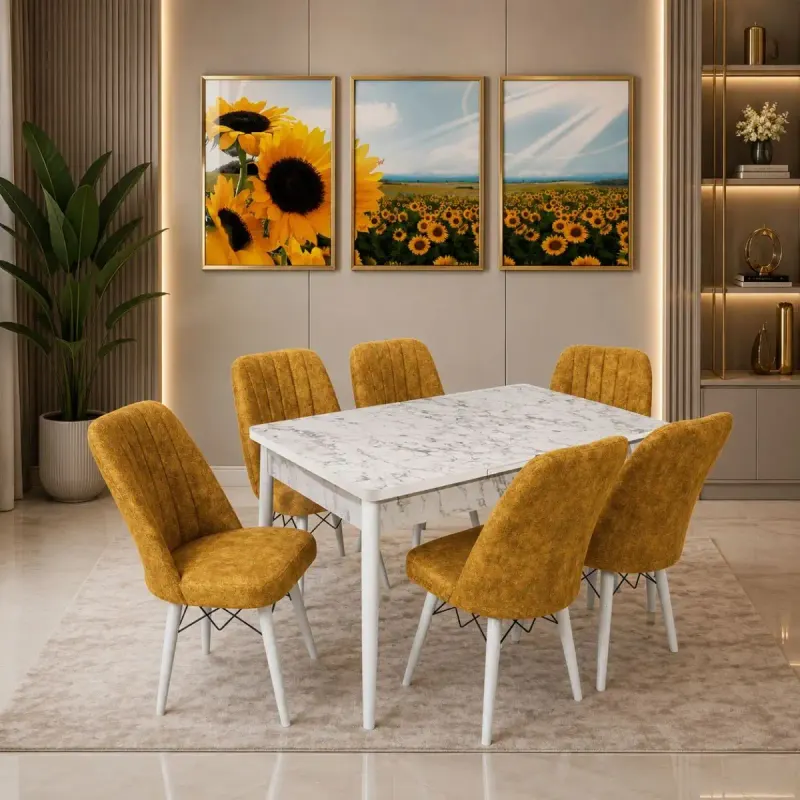 Set masa extensibila cu 6 scaune tapitate cargold 250-30050 bejmarmurat-mustar,170 x 80 cm