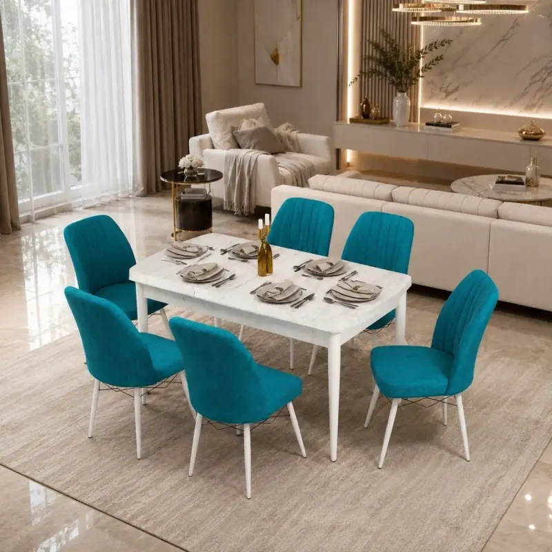 Set masa extensibila cu 6 scaune tapitate cargold 250-30355,turcoaz, 170 x 80 cm