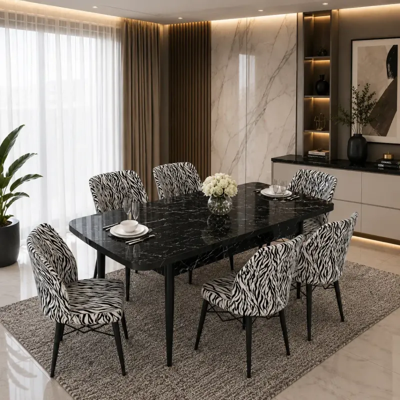 Set masa extensibila cu 6 scaune tapitate zebra 250-300355,170 x 80 cm