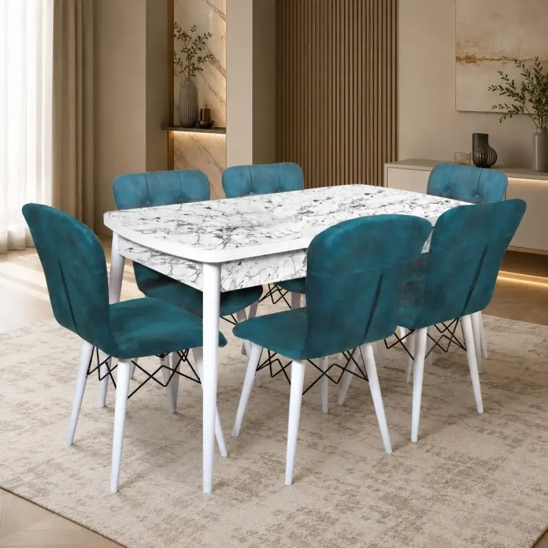 Set masa extensibila cu 6 scaune tapitate marmorat alb 250-30650 - turcoaz 170 x 80 cm