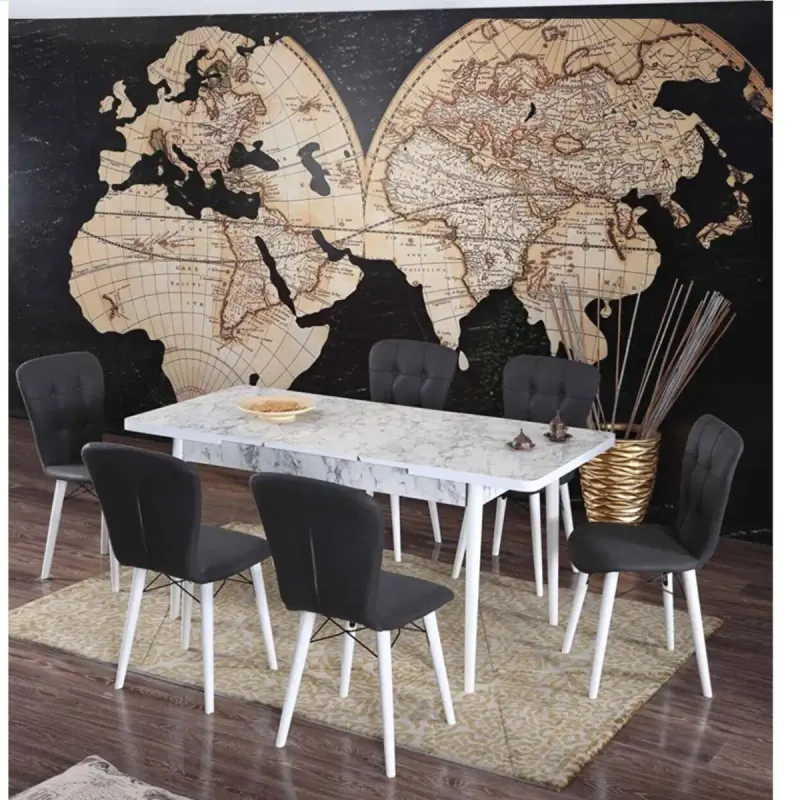 Set masa extensibila cu 6 scaune tapitate marmorat alb 250-30650 bej- negru 170 x 80 cm