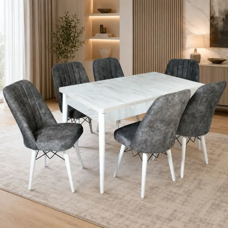 Set masa extensibila cu 6 scaune tapitate cargold 250-30600 bej- gri 170 x 80 cm