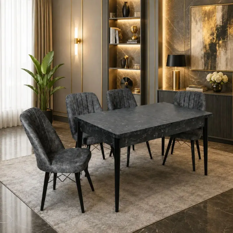 Set masa extensibila cu 4 scaune tapitate cargold 250-30051 negru- gri 170 x 80 cm