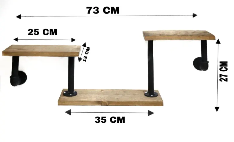 Raft cu 3 polite stil industrial din lemn-metal 73 X 12 X 27 cm