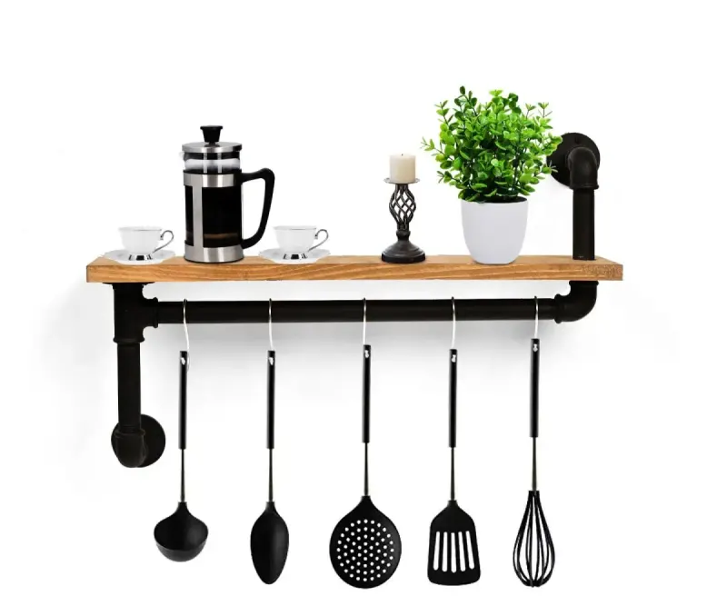 Raft stil industrial cu agatatori bucatarie 50x12 nuc-negru
