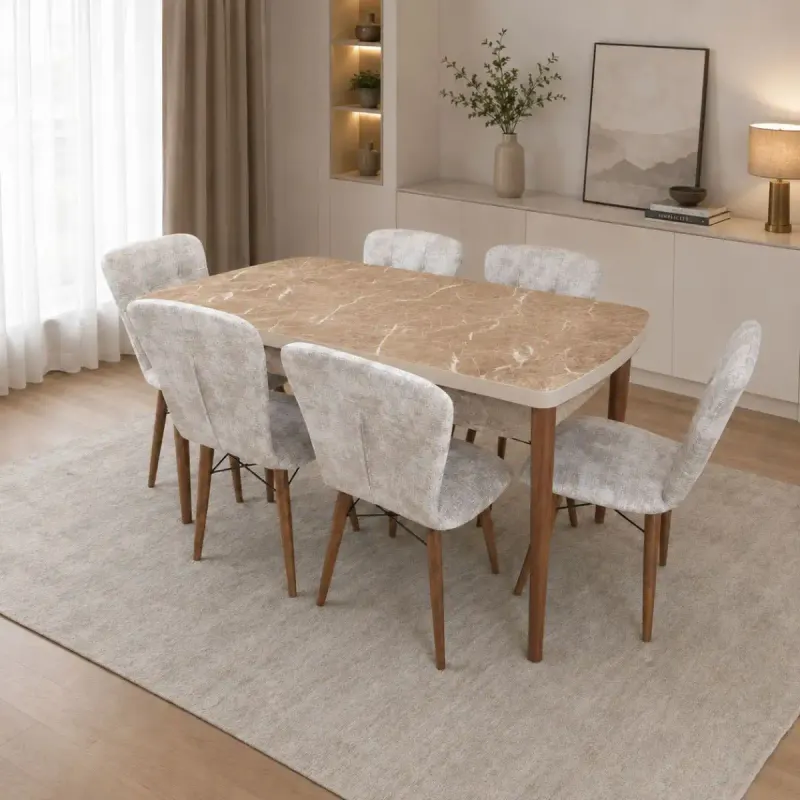 Set masa extensibila cu 6 scaune tapitate marmura/bej 170 x 80 cm picioare lemn