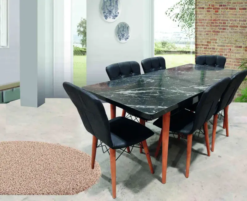 Set masa extensibila cu 6 scaune tapitate cristal negru 170 x 80 cm