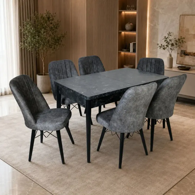 Set masa extensibila cu 6 scaune tapitate cargold 250-30051 negru- gri 170 x 80 cm
