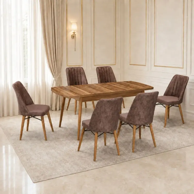 Set masa extensibila cu 6 scaune tapitate cargold 250-30049 nuc-maro 170 x 80 cm