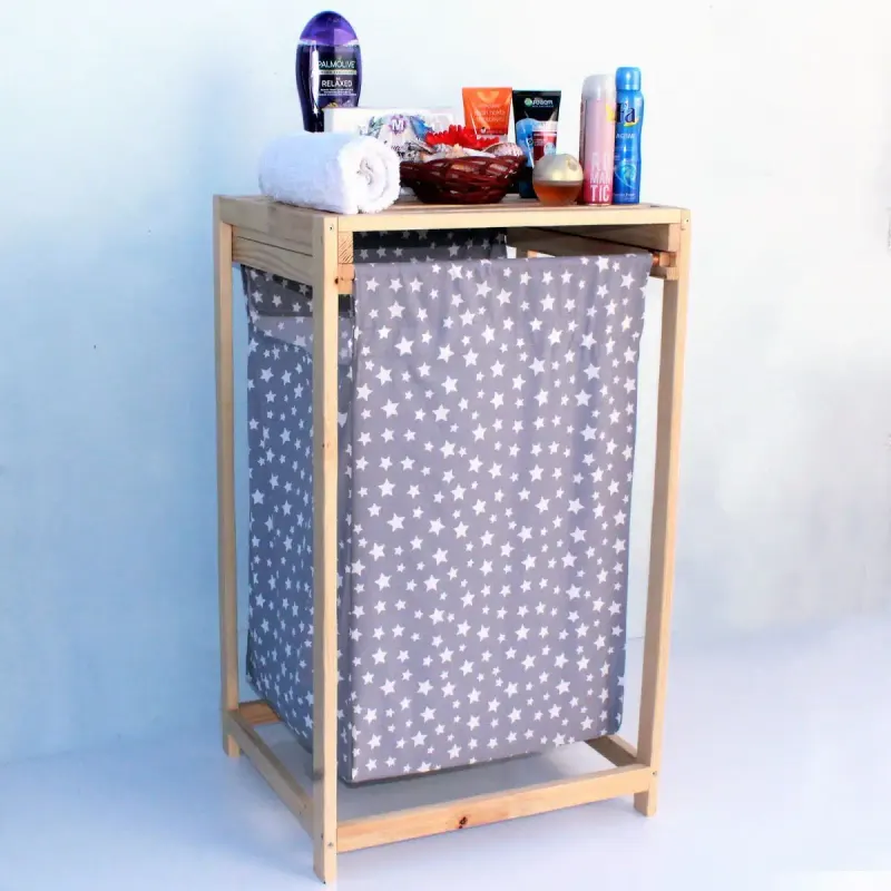 Cos de rufe din lemn cu un compariment textil 50 x 44 x 85 cm